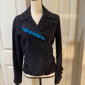 ZAC Zac Posen Black Leather Jacket with Blue Trim